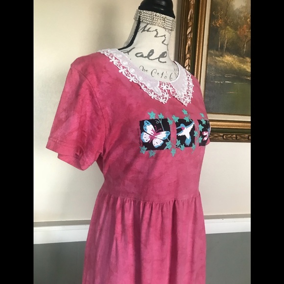 Rare Pink Tie Dye Hummingbird Lace Collar Dress M - Picture 7 of 15